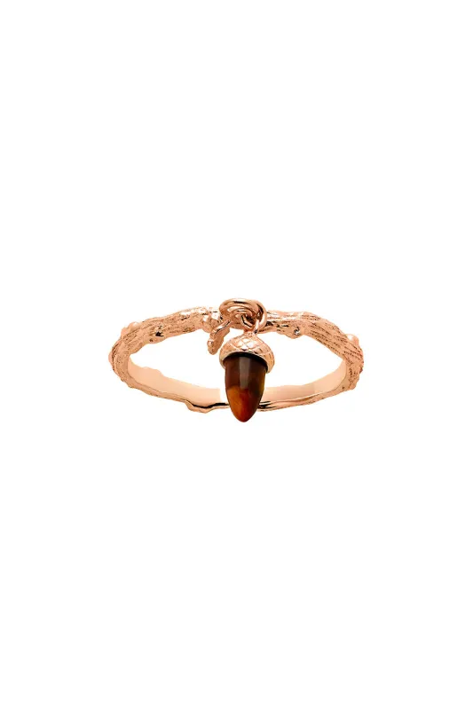 Micro Acorn and Leaf Charm Ring Rose Gold sold by Karen Walker