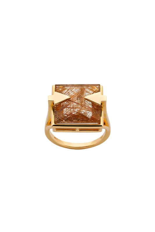 Ballistic Ring with 14mm Square Rutilated Quartz Gold sold by Karen Walker