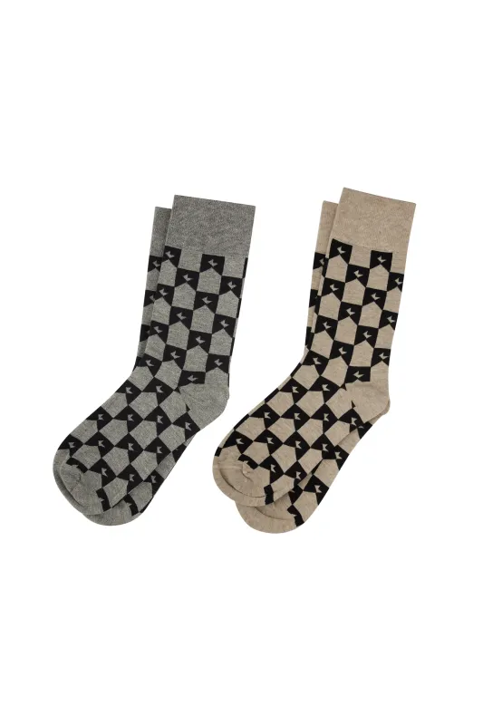 Monogram Socks 2 Pack Grey Black/Natural Black made by Karen Walker