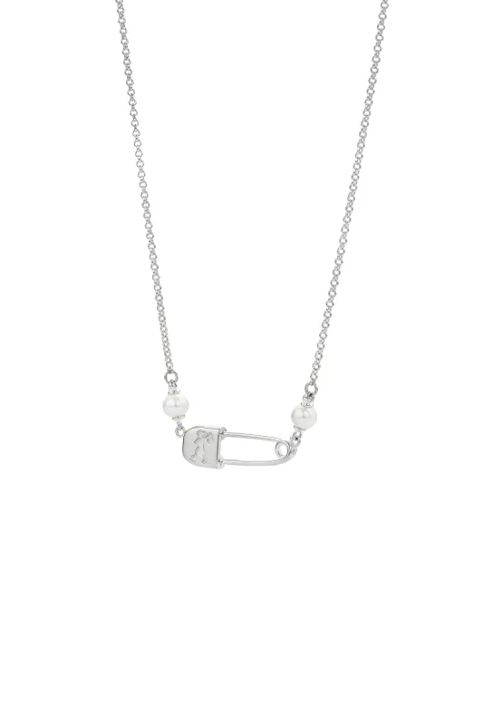 Runaway Safety Pin Necklace with 2 x 4mm Freshwater Pearls Silver sold by Karen Walker