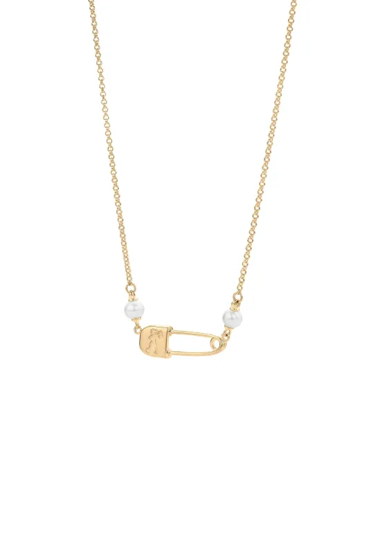 Runaway Safety Pin Necklace with 2 x 4mm Freshwater Pearls Gold-Plated sold by Karen Walker