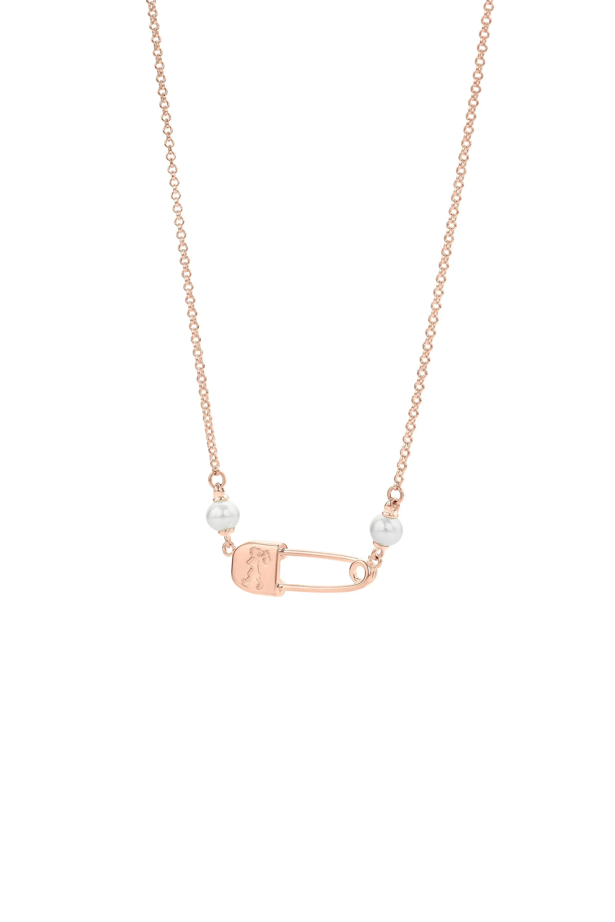 Runaway Safety Pin Necklace with 2 x 4mm Freshwater Pearls Rose Gold sold by Karen Walker