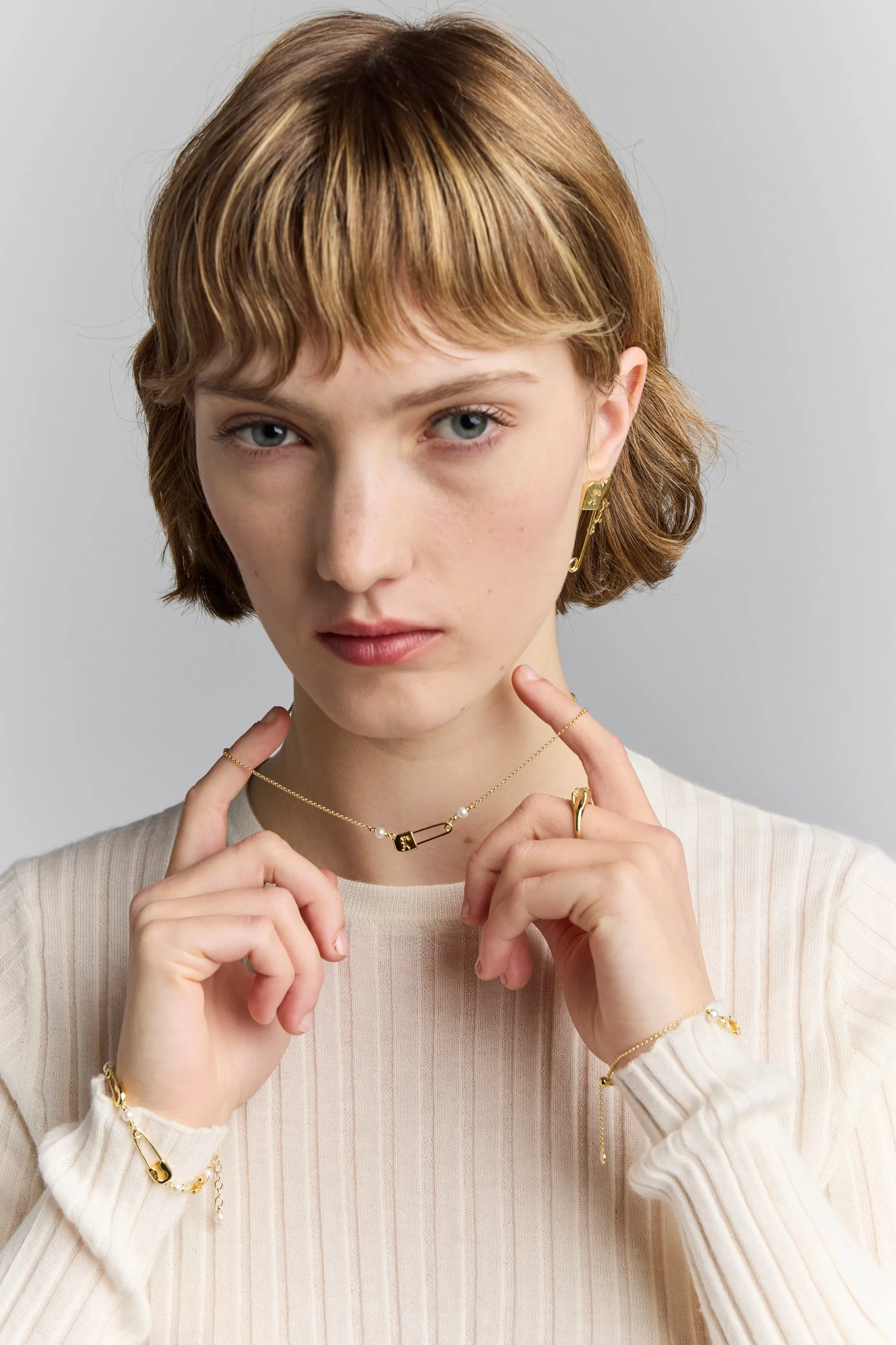 Runaway Safety Pin Necklace with 2 x 4mm Freshwater Pearls Rose Gold sold by Karen Walker product image thumbnail 2