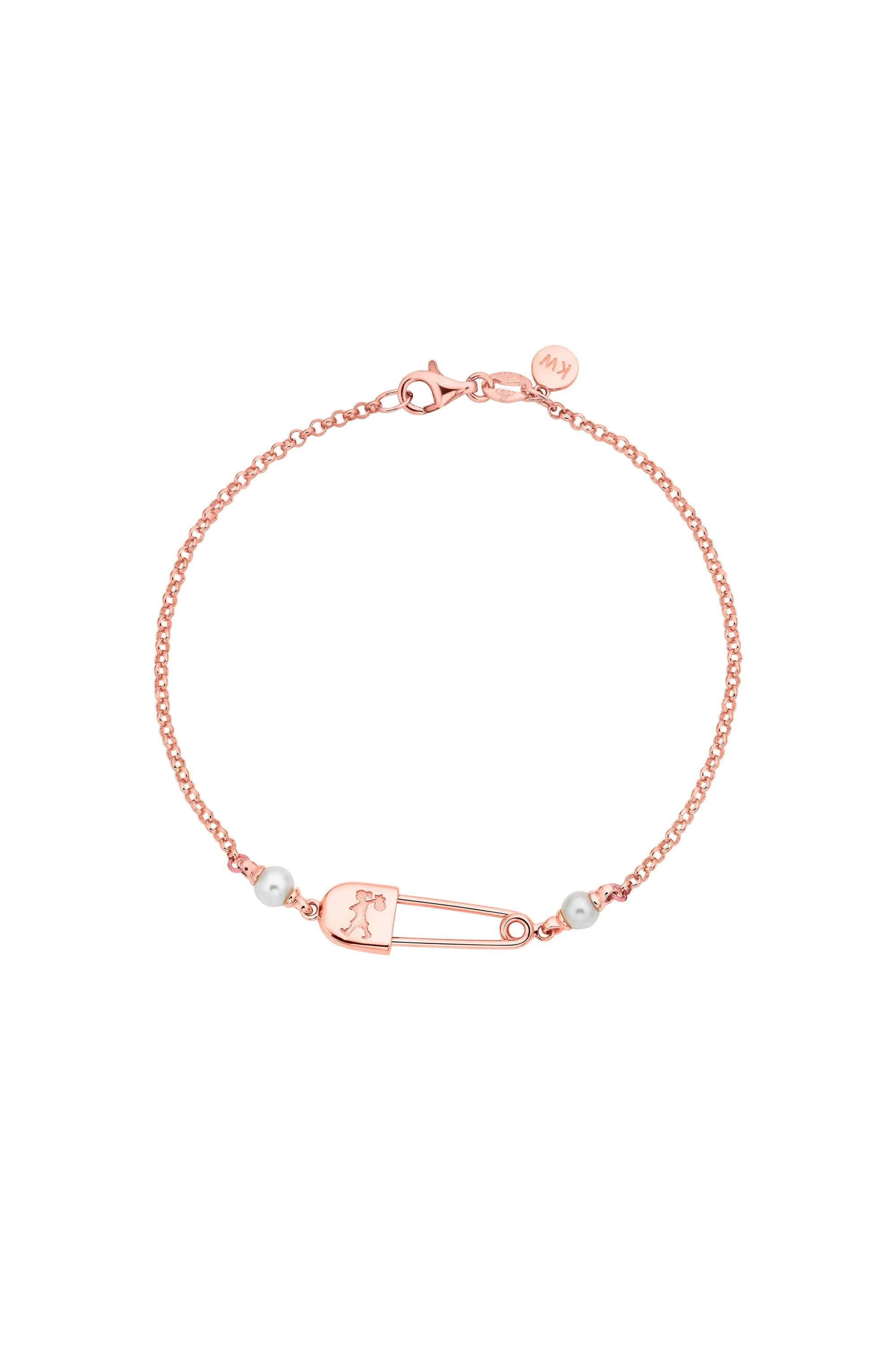 Runaway Safety Pin Bracelet with 2 x 4mm Freshwater Pearls Rose Gold sold by Karen Walker