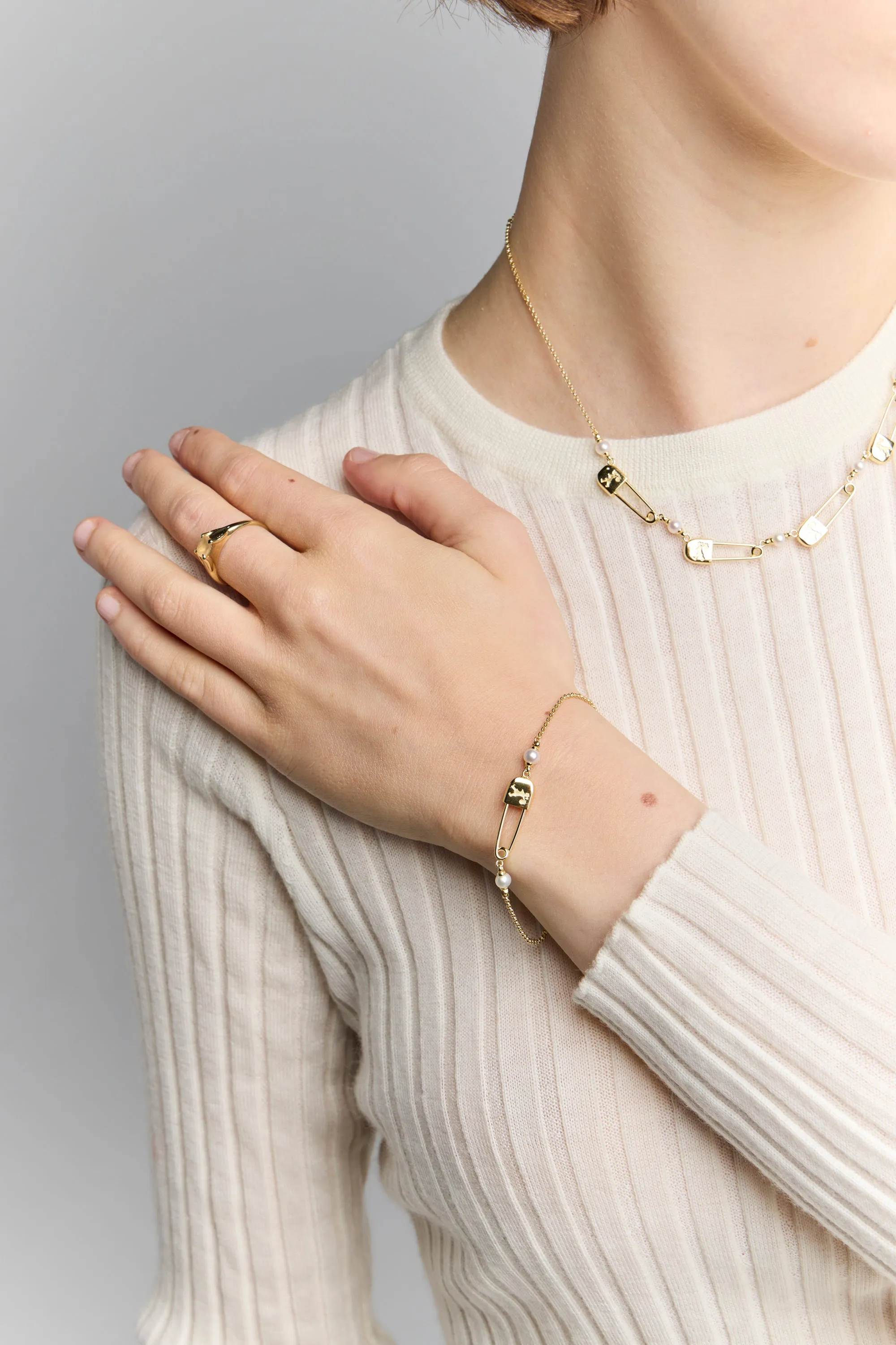 Runaway Safety Pin Bracelet with 2 x 4mm Freshwater Pearls Rose Gold sold by Karen Walker product image thumbnail 2