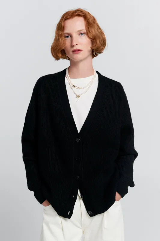 Bessie Cashmere Cardigan Black with Cream Stripe sold by Karen Walker