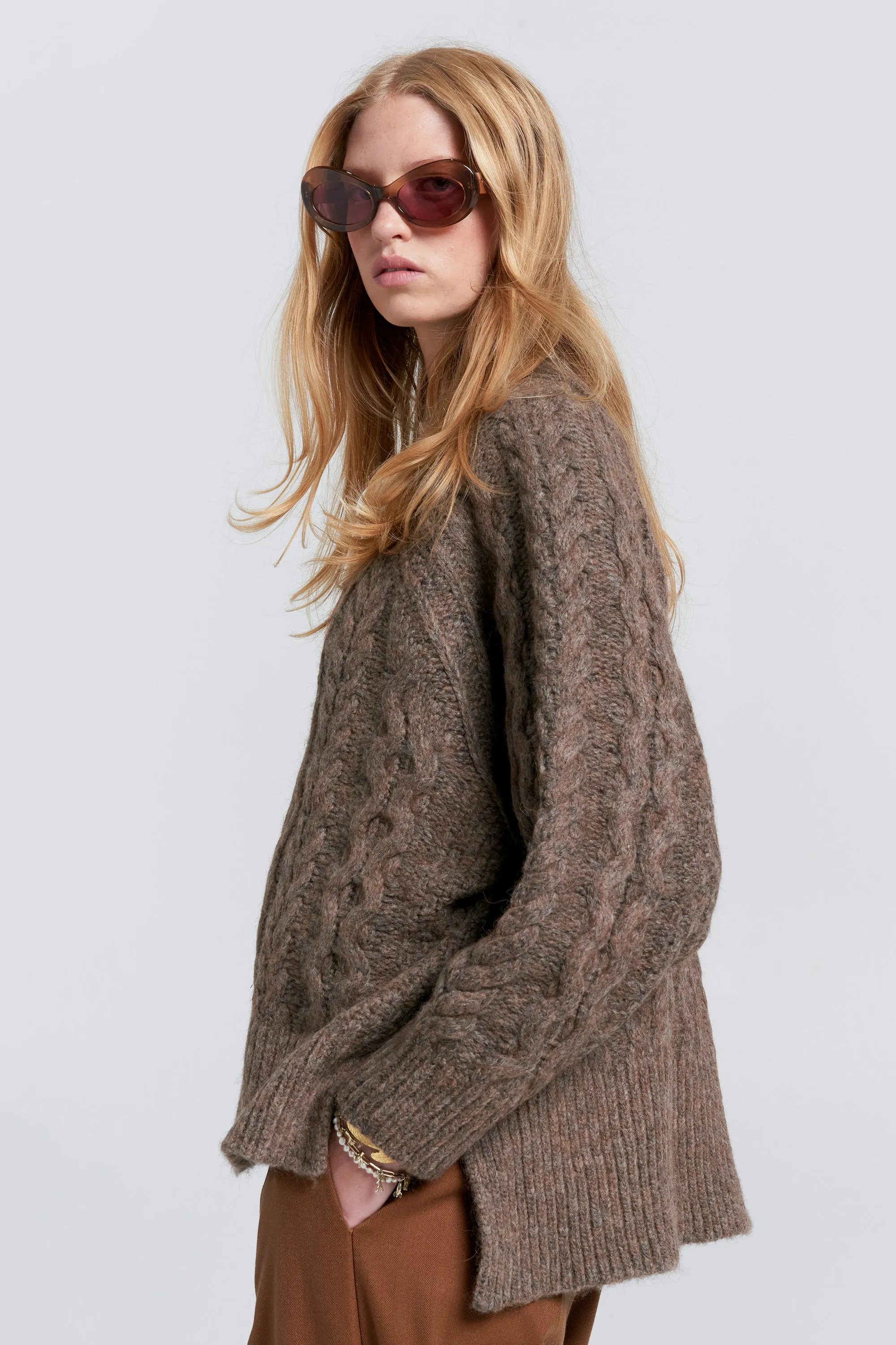 Cable Knit V Neck Sweater Walnut sold by Karen Walker product image thumbnail 4