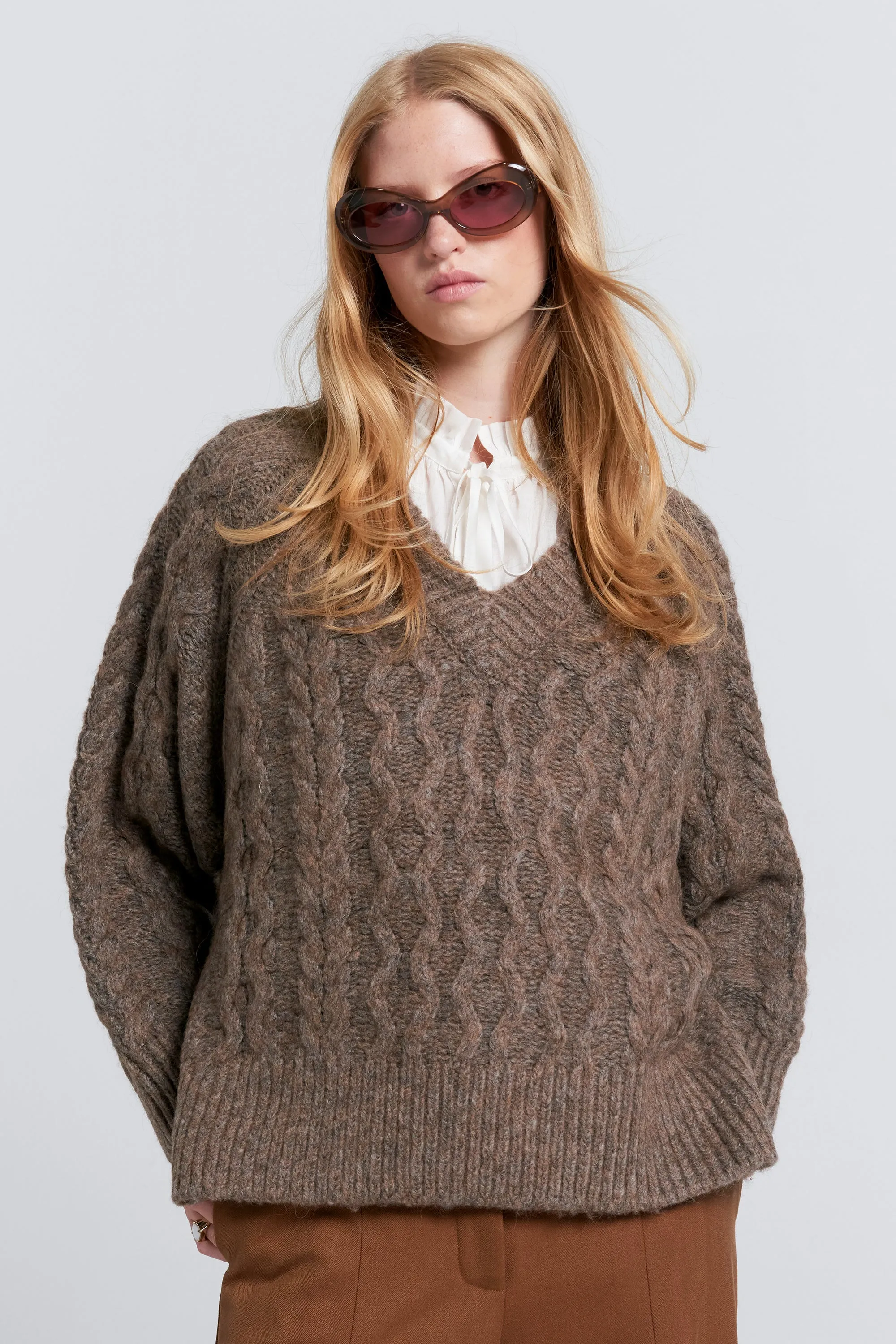 Cable Knit V Neck Sweater Walnut sold by Karen Walker product image thumbnail 3