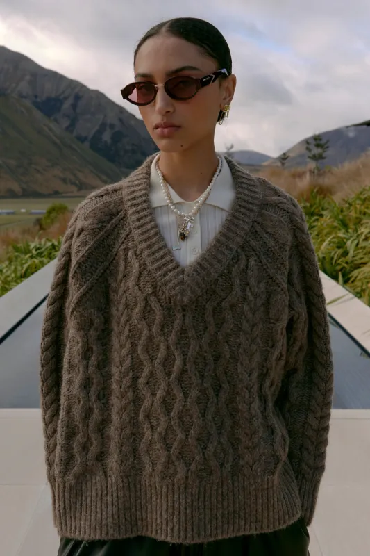 Cable Knit V Neck Sweater Walnut sold by Karen Walker