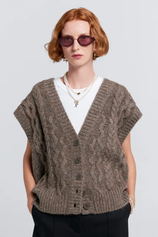 Cable Knit Button Up Vest Walnut sold by Karen Walker