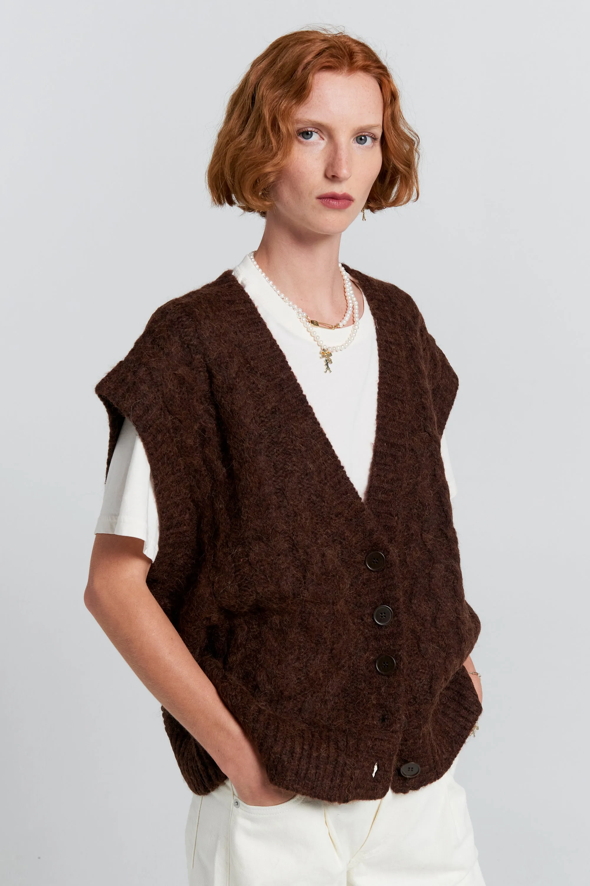 Cable Knit Button Up Vest Port sold by Karen Walker