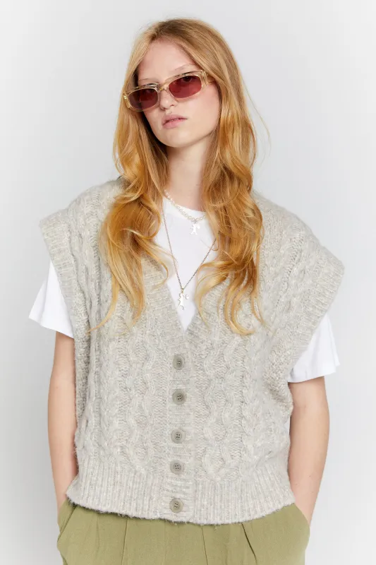 Cable Knit Button Up Vest Driftwood sold by Karen Walker