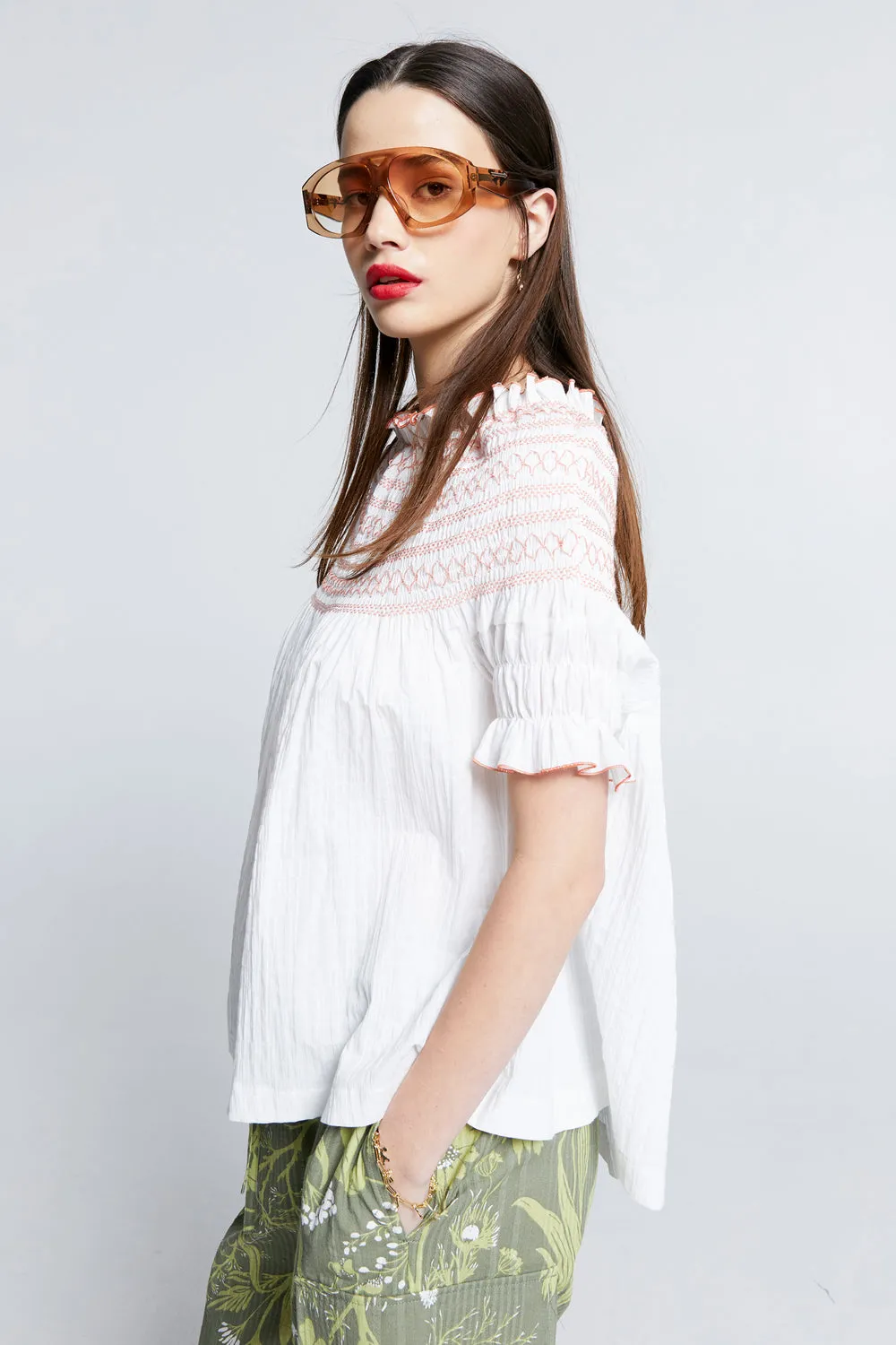 Gaia Smocked Blouse Off-White/Watermelon Smocking sold by Karen Walker product image thumbnail 2