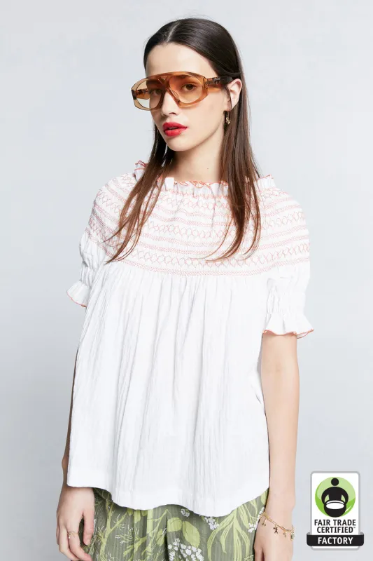 Gaia Smocked Blouse Off-White/Watermelon Smocking sold by Karen Walker