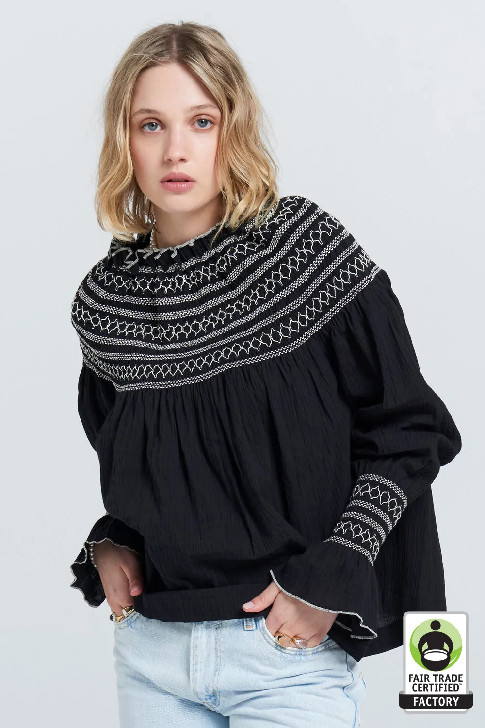 Gaia Long Sleeve Smocked Blouse Black/Off-White Smocking sold by Karen Walker