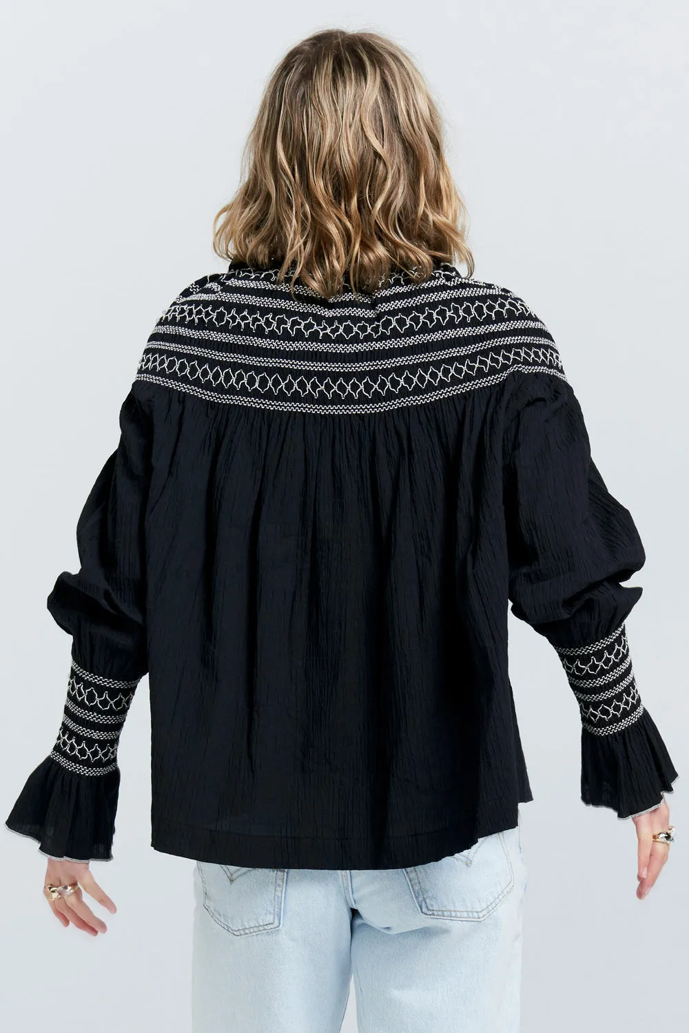 Gaia Long Sleeve Smocked Blouse Black/Off-White Smocking sold by Karen Walker product image thumbnail 3
