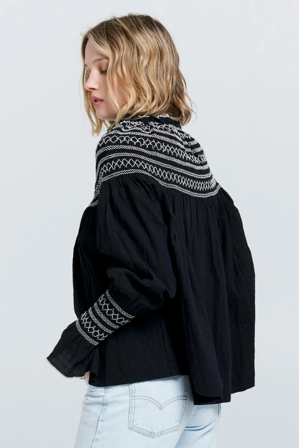 Gaia Long Sleeve Smocked Blouse Black/Off-White Smocking sold by Karen Walker product image thumbnail 2
