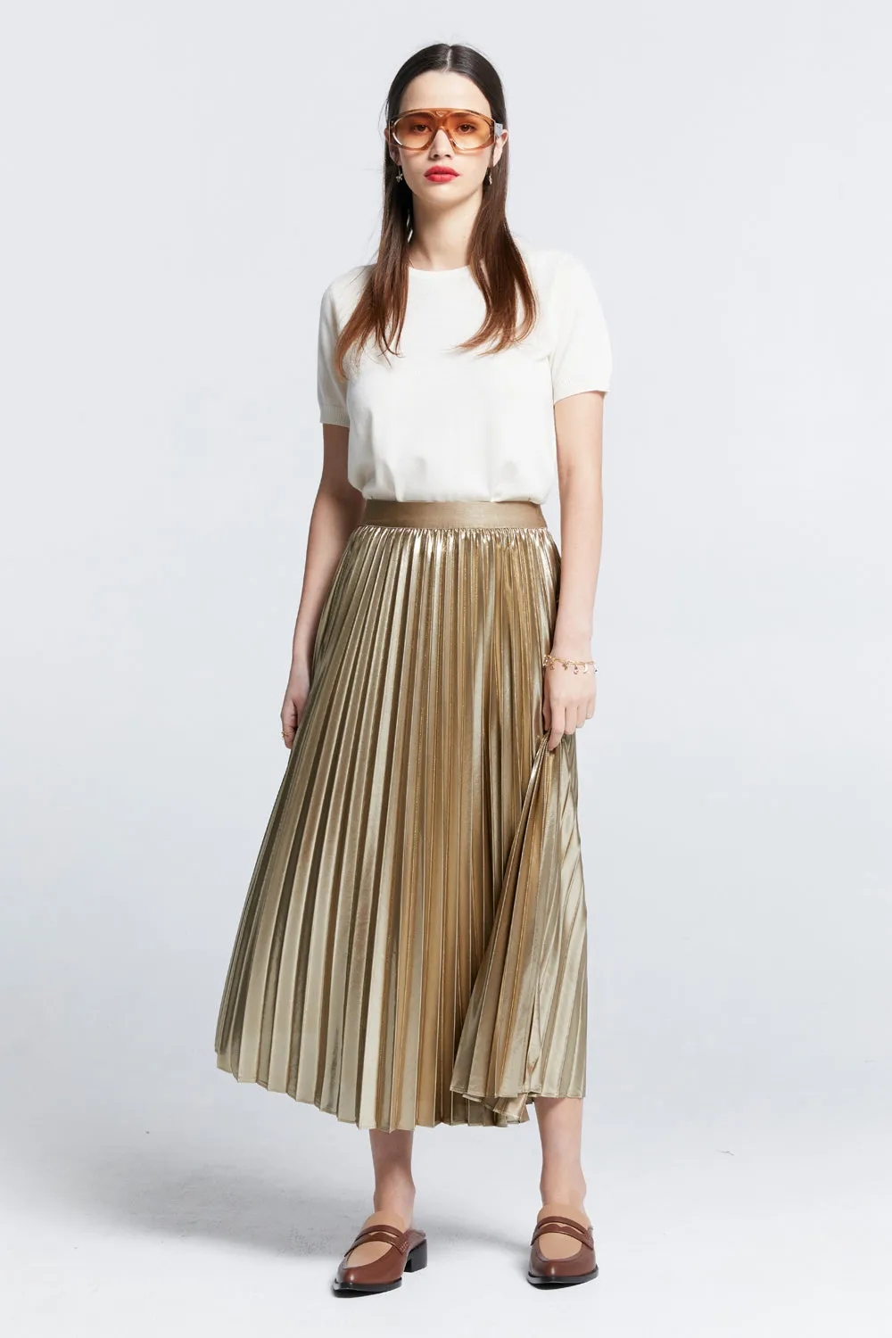 Metallic Sunray Pleated Skirt Gold sold by Karen Walker