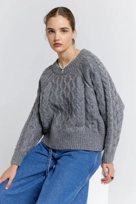 Cable Knit Cropped Sweater Grey Marle made by Karen Walker
