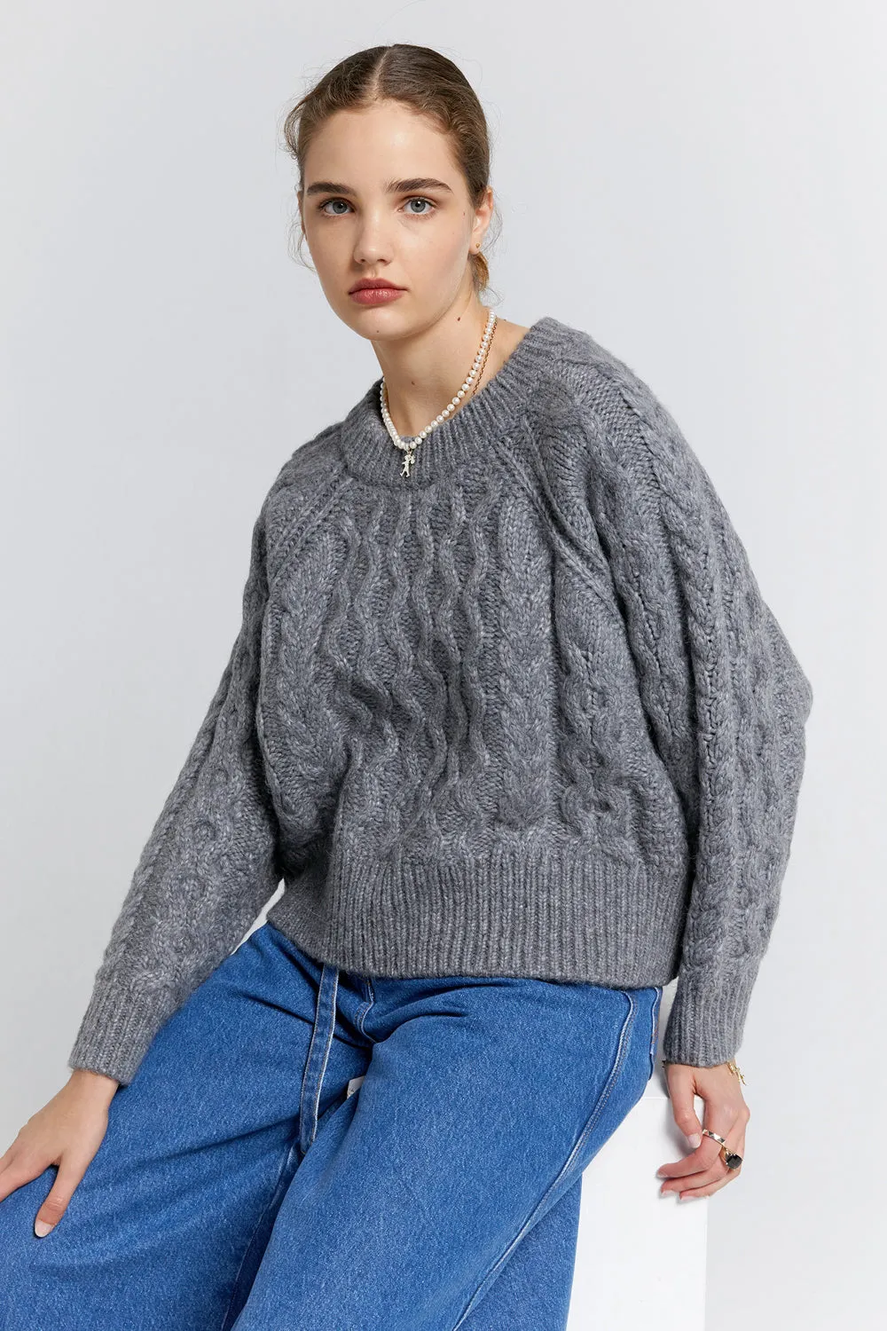 Cable Knit Cropped Sweater Grey Marle sold by Karen Walker
