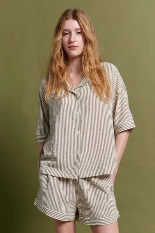 Seersucker Stripe Boxer PJ Set Nutria made by Karen Walker