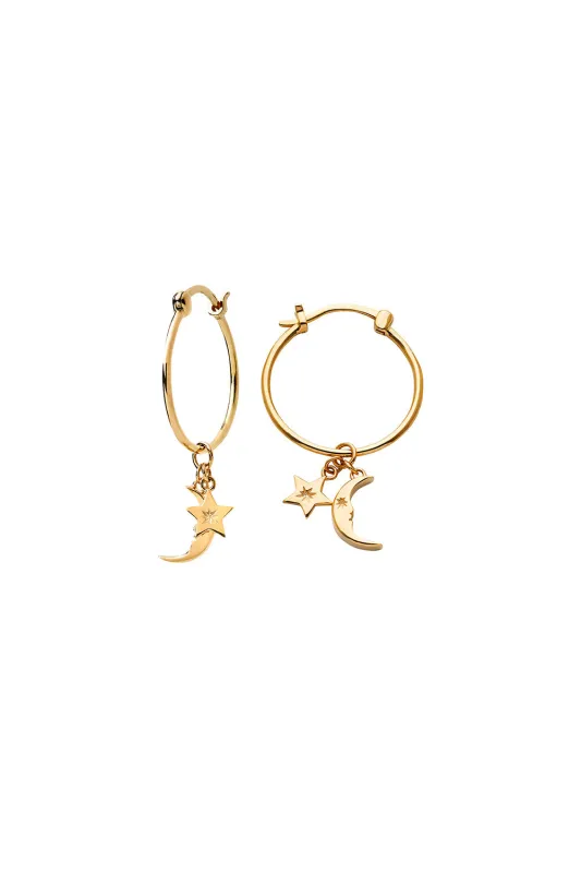Moon and Star Charm Hoops Gold sold by Karen Walker