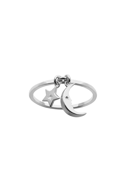 Moon and Star Charm Ring Silver sold by Karen Walker