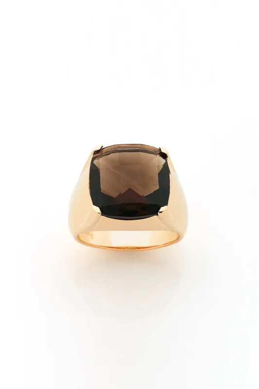 Chequerboard Ring 14mm Gold & Smokey Quartz sold by Karen Walker
