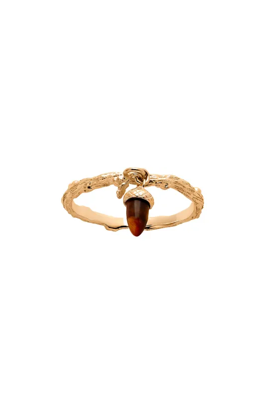 Micro Acorn and Leaf Charm Ring Gold sold by Karen Walker