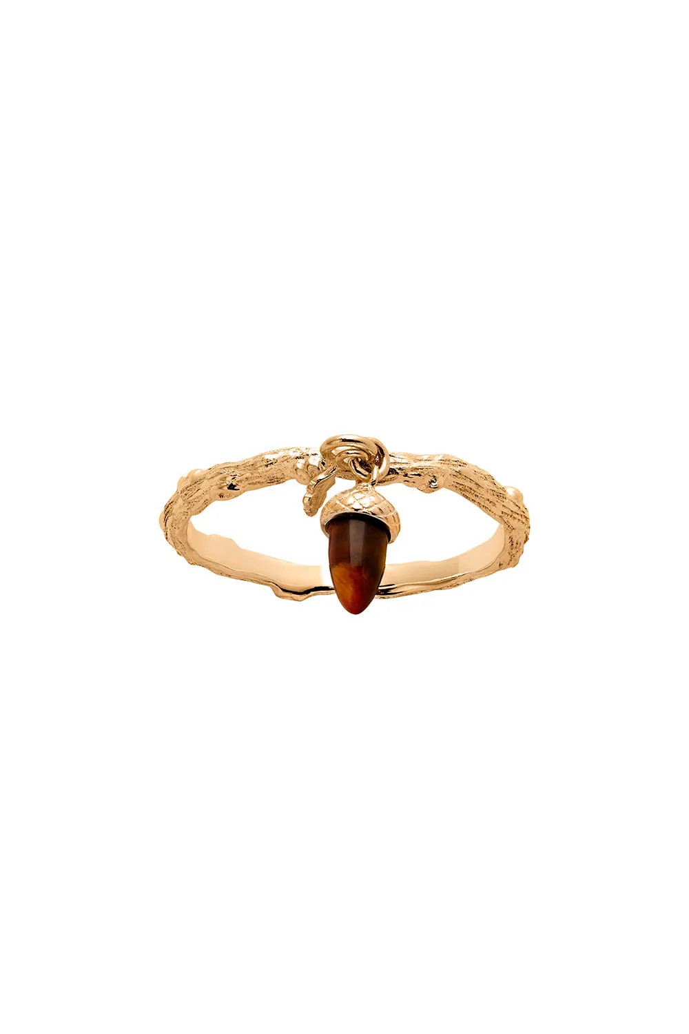 Micro Acorn and Leaf Charm Ring Gold sold by Karen Walker