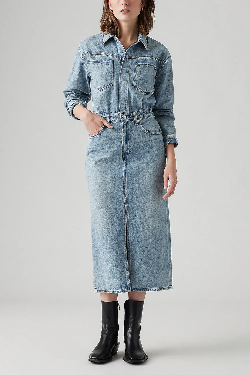 Denim Midi Shirt Dress Feeling This Blue sold by Karen Walker
