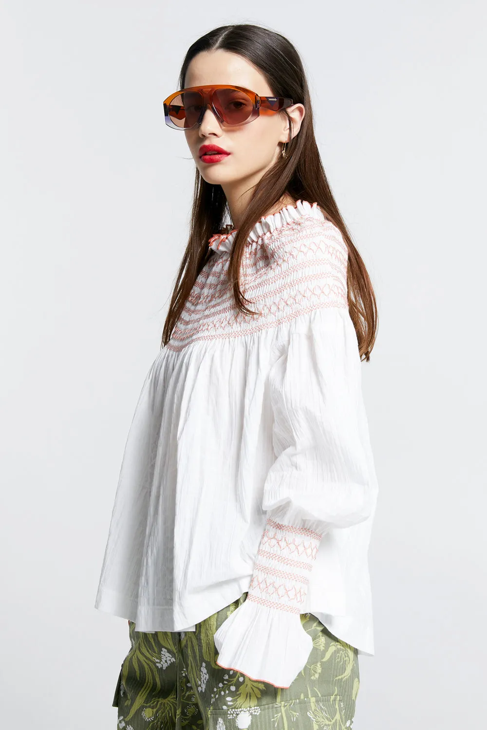 Gaia Long Sleeve Smocked Blouse Off-White/Watermelon Smocking sold by Karen Walker product image thumbnail 2