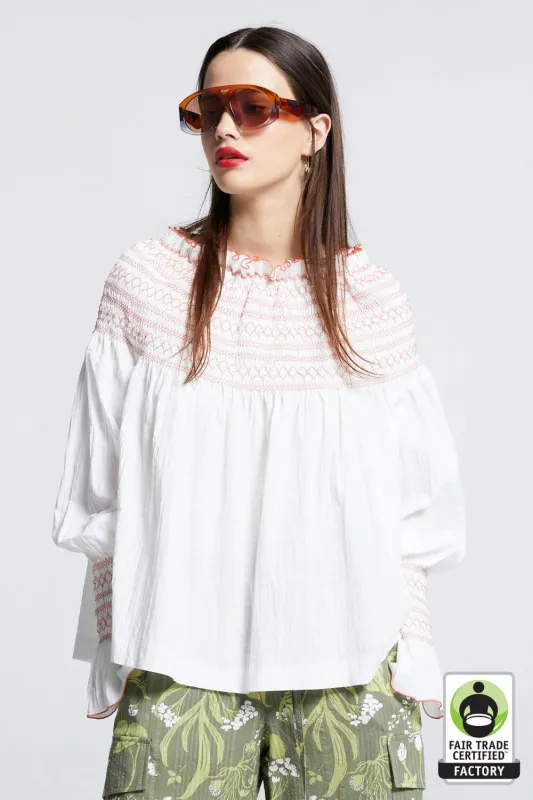 Gaia Long Sleeve Smocked Blouse Off-White/Watermelon Smocking sold by Karen Walker