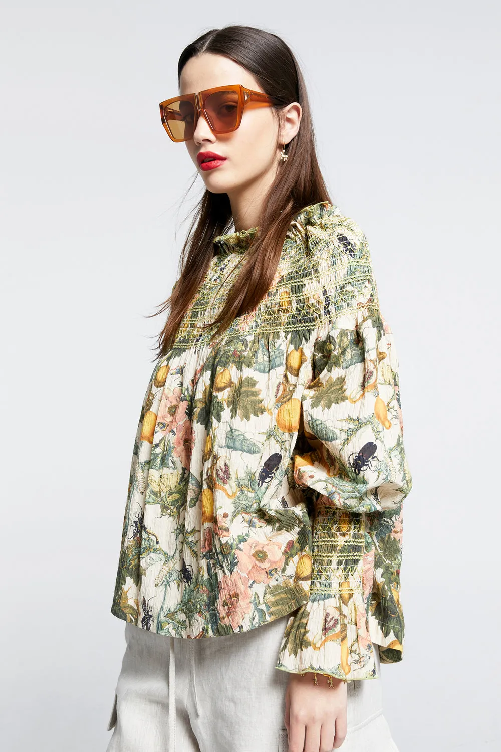 Gaia Long Sleeve Smocked Blouse Macadamia Multi/Green Smocking sold by Karen Walker product image thumbnail 2