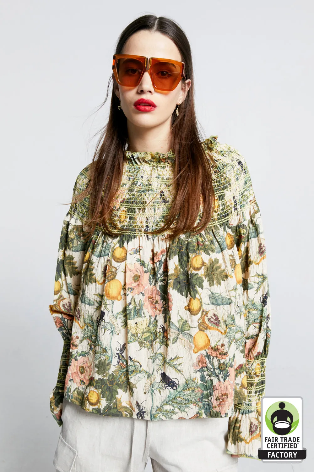 Gaia Long Sleeve Smocked Blouse Macadamia Multi/Green Smocking sold by Karen Walker