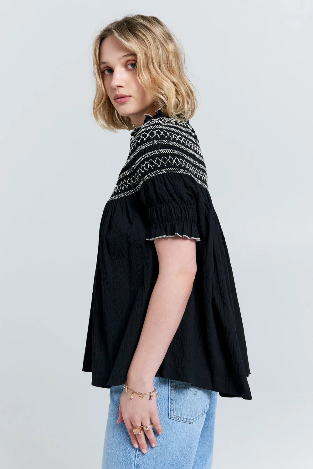 Gaia Smocked Blouse Black/Off-White Smocking sold by Karen Walker product image thumbnail 2