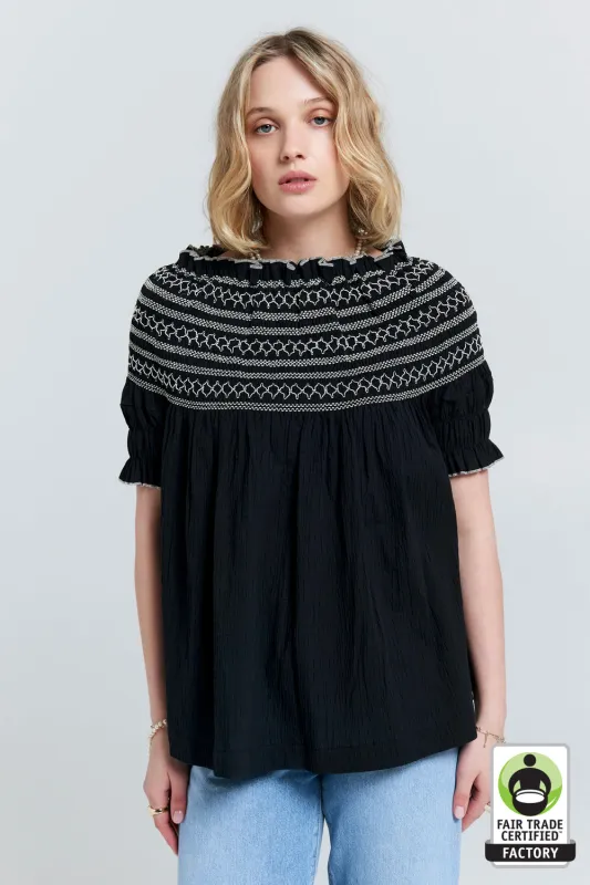 Gaia Smocked Blouse Black/Off-White Smocking sold by Karen Walker