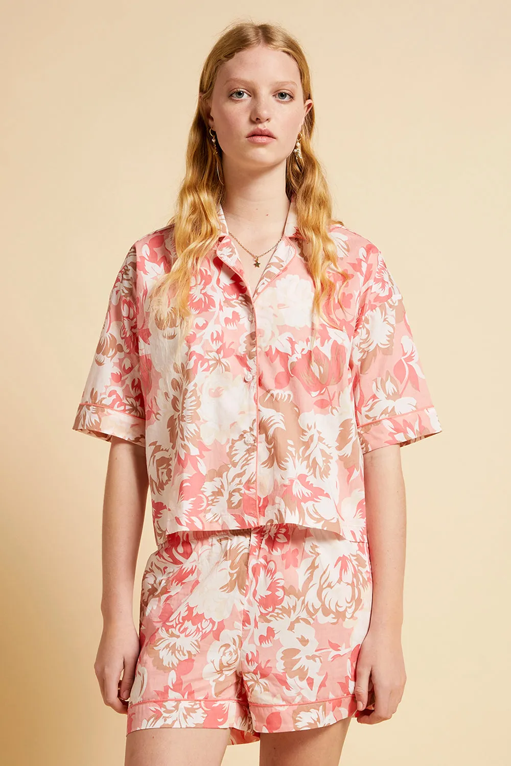 Ornamental Floral Short Sleeve PJ Shirt Shell Pink sold by Karen Walker