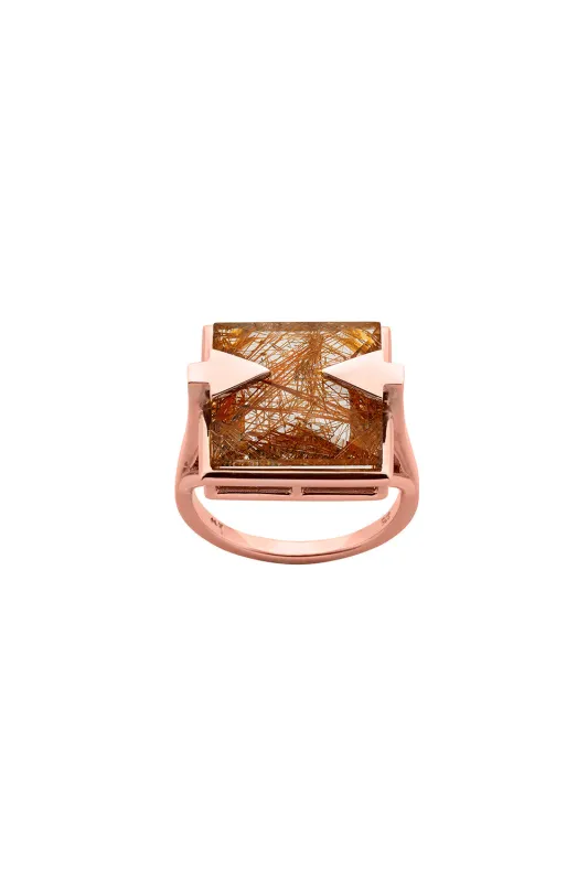 Ballistic Ring with 14mm Square Rutilated Quartz Rose Gold sold by Karen Walker