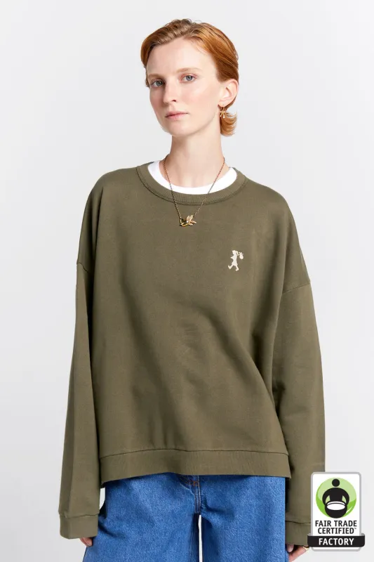 Embroidered Runaway Girl Organic Cotton Crewneck Sweatshirt Hunter Green made by Karen Walker