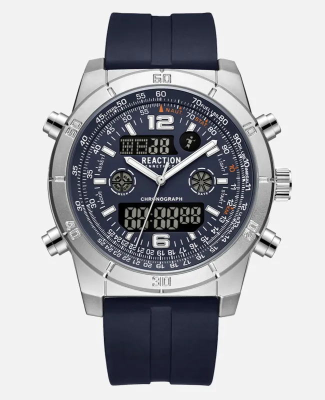Dual Time Zone Analog-Digital Watch with Navy Blue Silicone Band made by Kenneth Cole