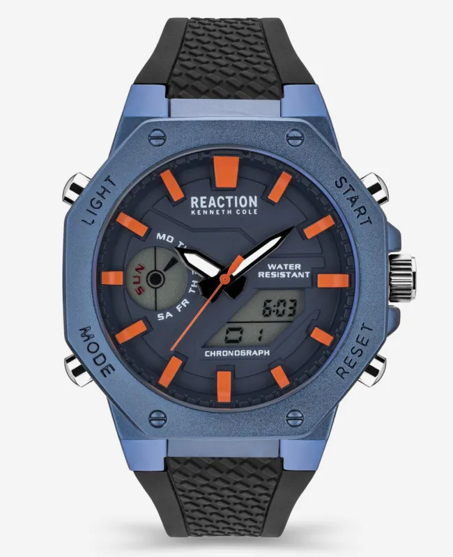 Dual Time Zone Analog-Digital Sport Watch in Blue + Black with Textured Silicone Band made by Kenneth Cole