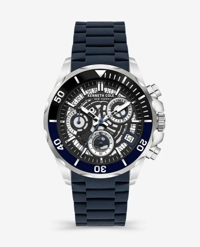 Black Skeleton Dial Sport Watch with Blue Silicone Strap sold by Kenneth Cole
