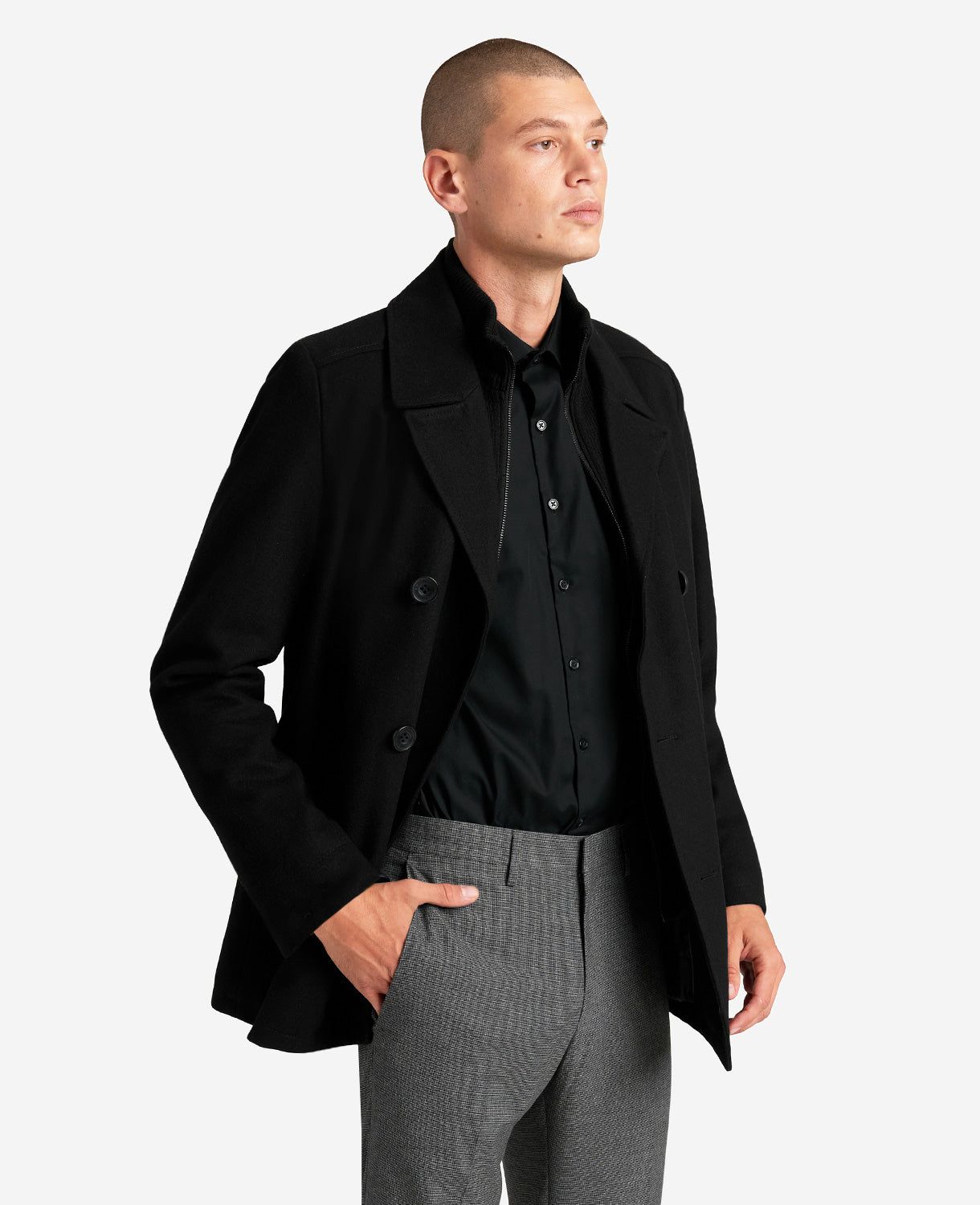 Wool Double-Breasted Peacoat with Ribbed Bib sold by Kenneth Cole