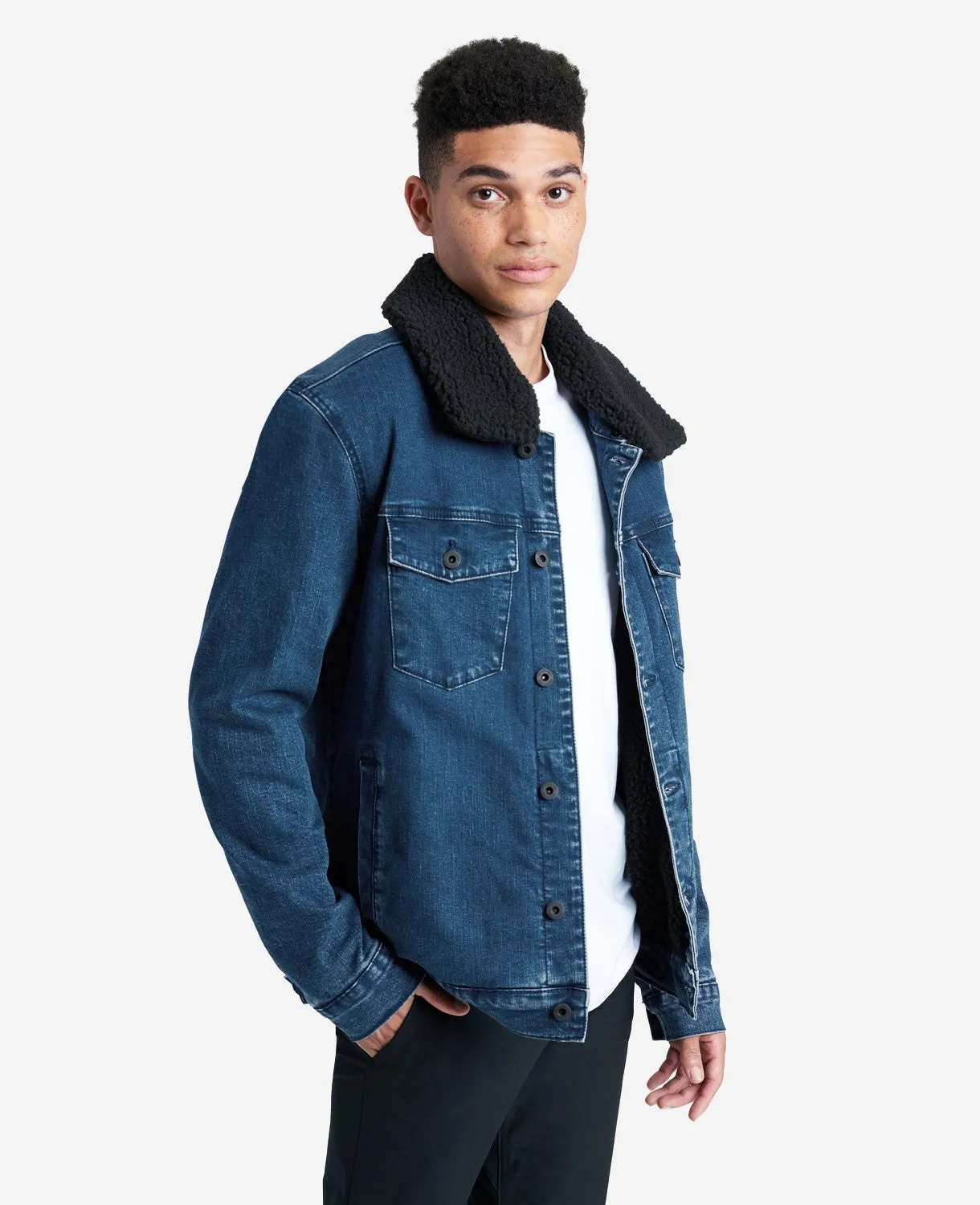 Stretch Denim Jacket in Blue with Sherpa Collar + Lining sold by Kenneth Cole