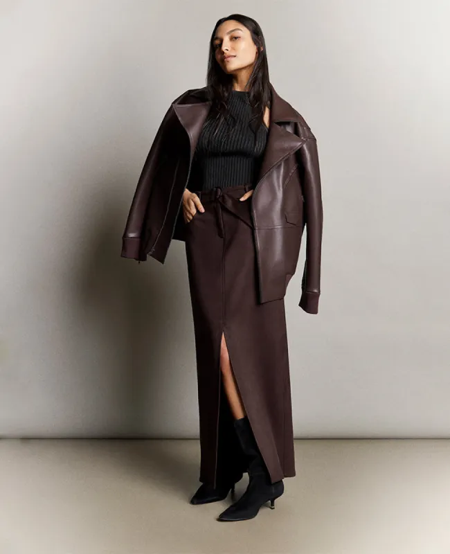 Vegan Suede Fly Front Belted Maxi Skirt sold by Kenneth Cole