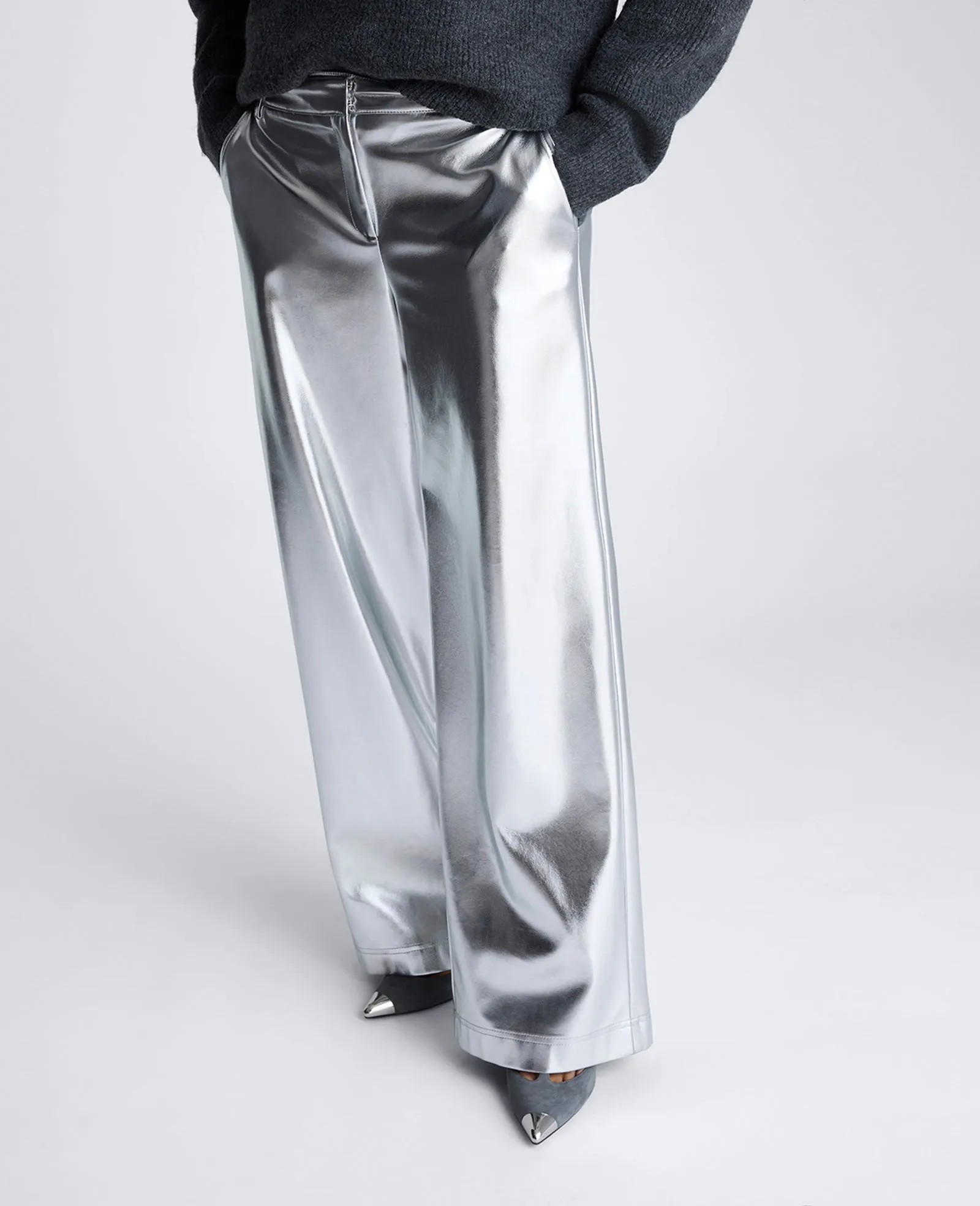Vegan Metallic Fly Front Mid Rise Wide Leg Pant sold by Kenneth Cole product image thumbnail 5