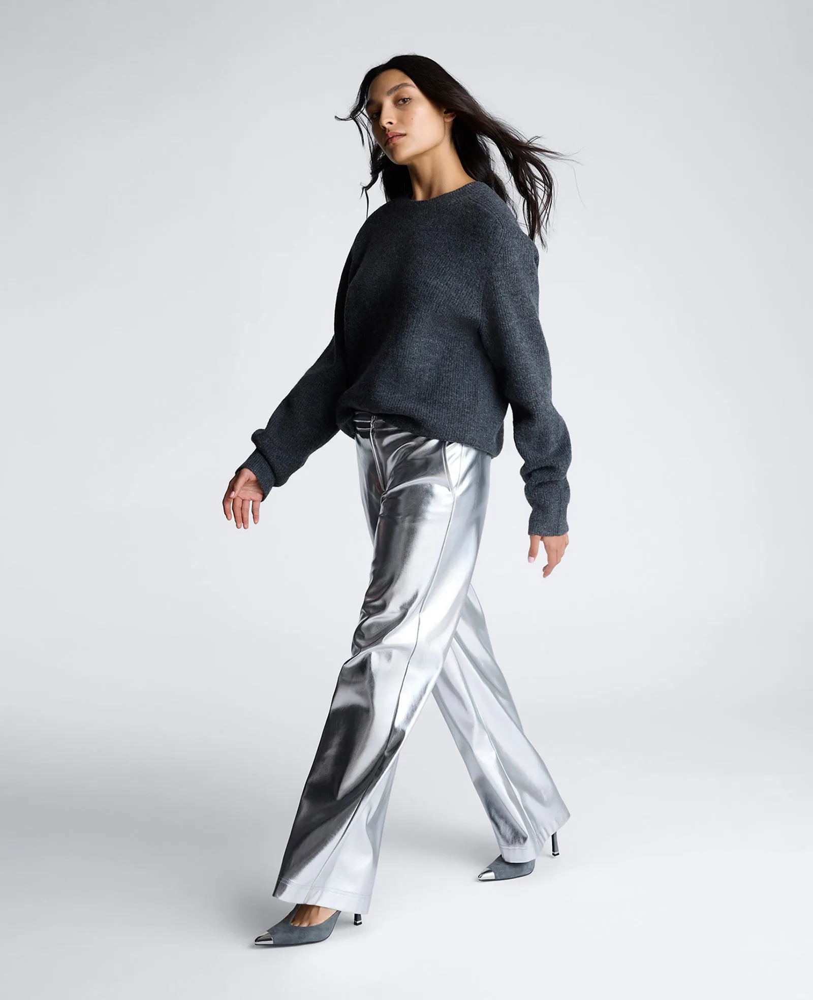 Vegan Metallic Fly Front Mid Rise Wide Leg Pant sold by Kenneth Cole