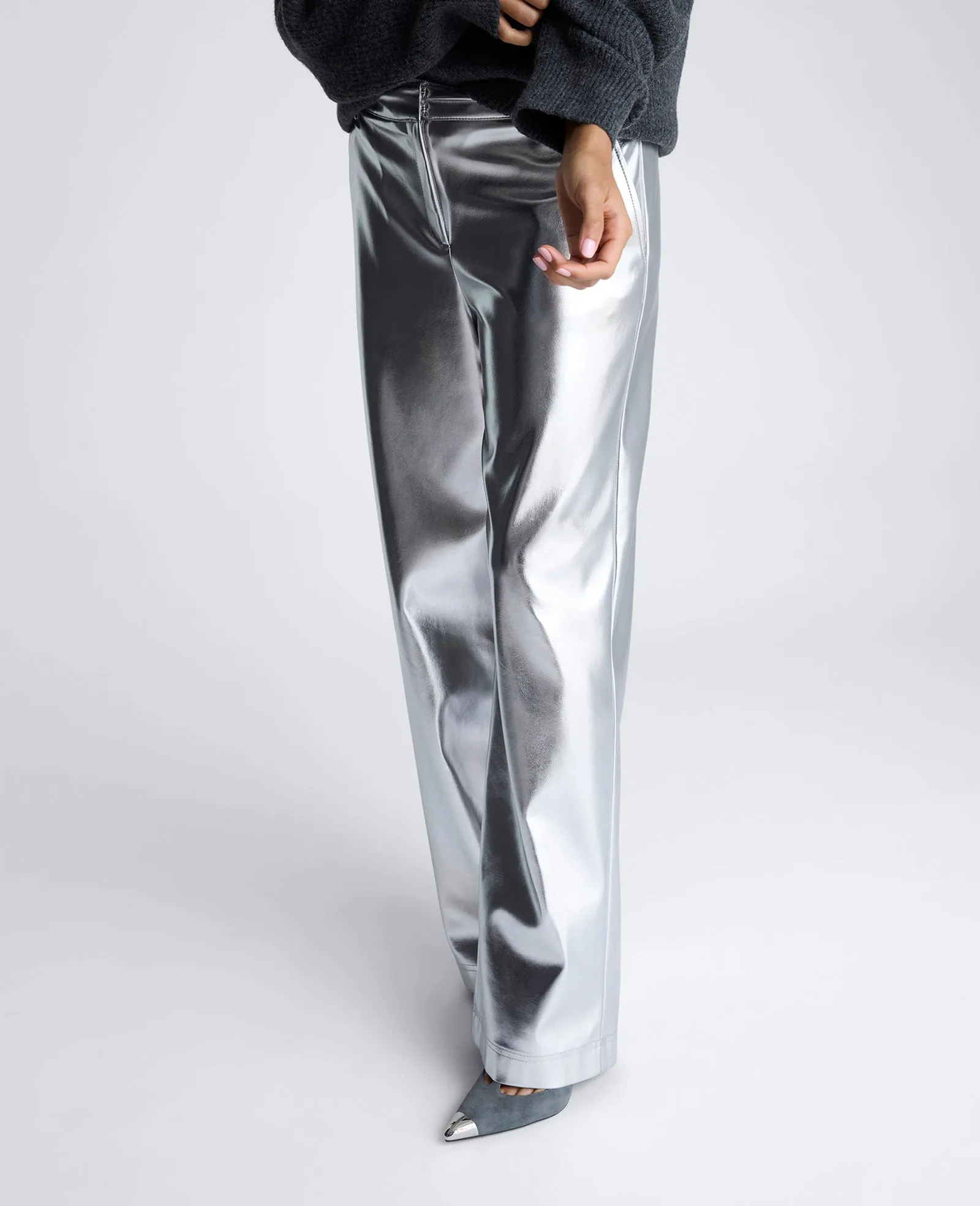 Vegan Metallic Fly Front Mid Rise Wide Leg Pant sold by Kenneth Cole product image thumbnail 2