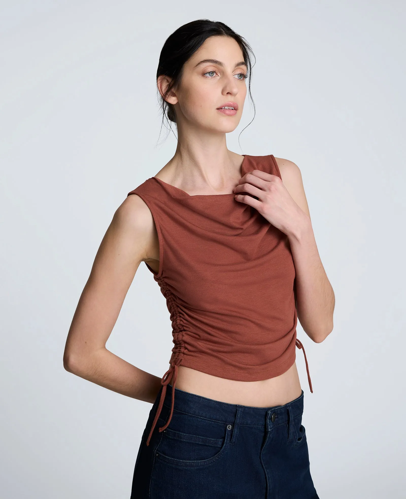 Side Rouched Drape Neck Cropped Knit Tank Top sold by Kenneth Cole